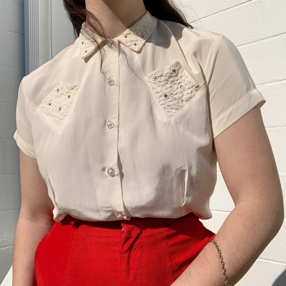 VTG 50s Cream Silk Taffeta Diamond Pocket Blouse M